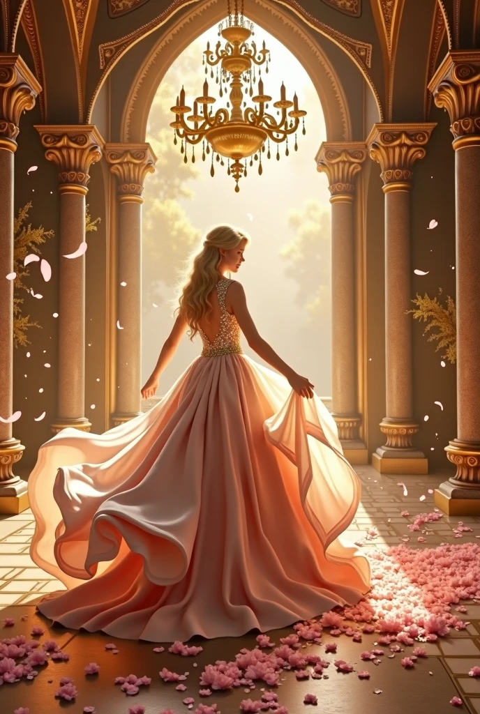 Beautiful world ((((((Fantasy novels))))) Pale pink feathers and stardust fall down Golden world The beautiful person dancing gorgeously in the beautiful and magnificent castle ((The beautiful prince watching it from afar)) (((Love story)))) His costume is a luxurious and beautiful dress from medieval Europe An incredibly handsome prince The Mirror Room, where the chandelier shines