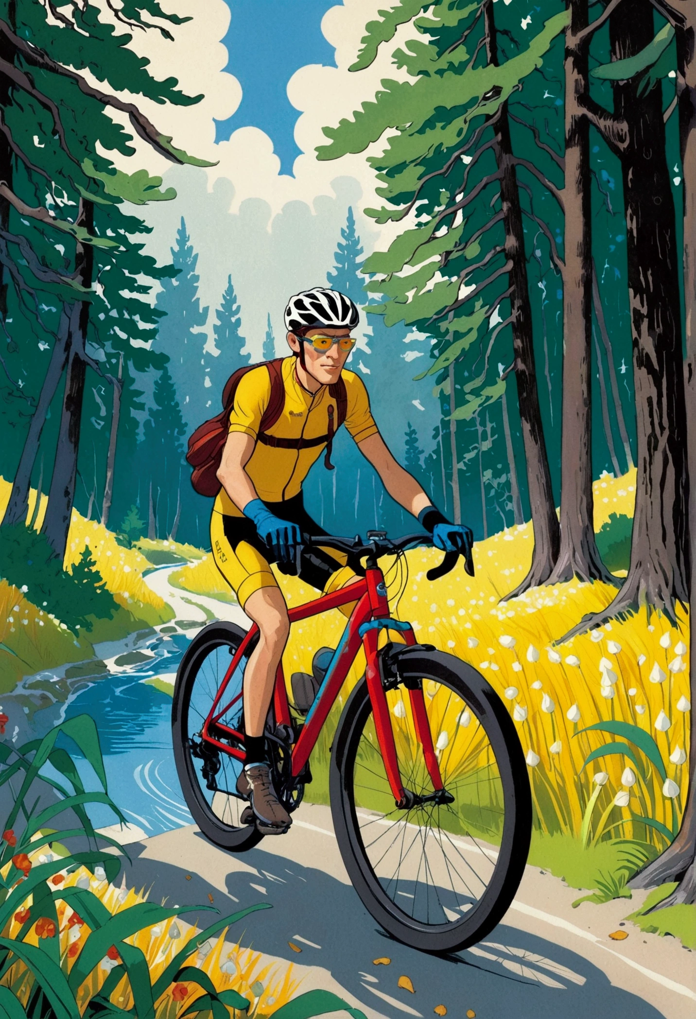 (shsw), ([negative space:0.8:1.5]), A blue-eyed bicyclist in yellow glasses, a red helmet with a visor, and Endura gloves, with right leg in a plaster cast, is riding a black-red bicycle equipped with Avid Elixir brakes and SRAM X0 shifters. A bike bag is attached to the bike rack. The cyclist is furiously pedaling through a pine forest, alongside a blue river on a sandy road. On one side of the road, low grass, ferns, and Lily of the valley grow, while on the other side, there is a picturesque marshland with reeds and larches，colorful cartoon-style illustration from an award winning animated movie, illustrated in bold outlines, showcasing its colors and shapes, The character is depicted adorned colorful energy against a white background, [mythical creature:0.8]