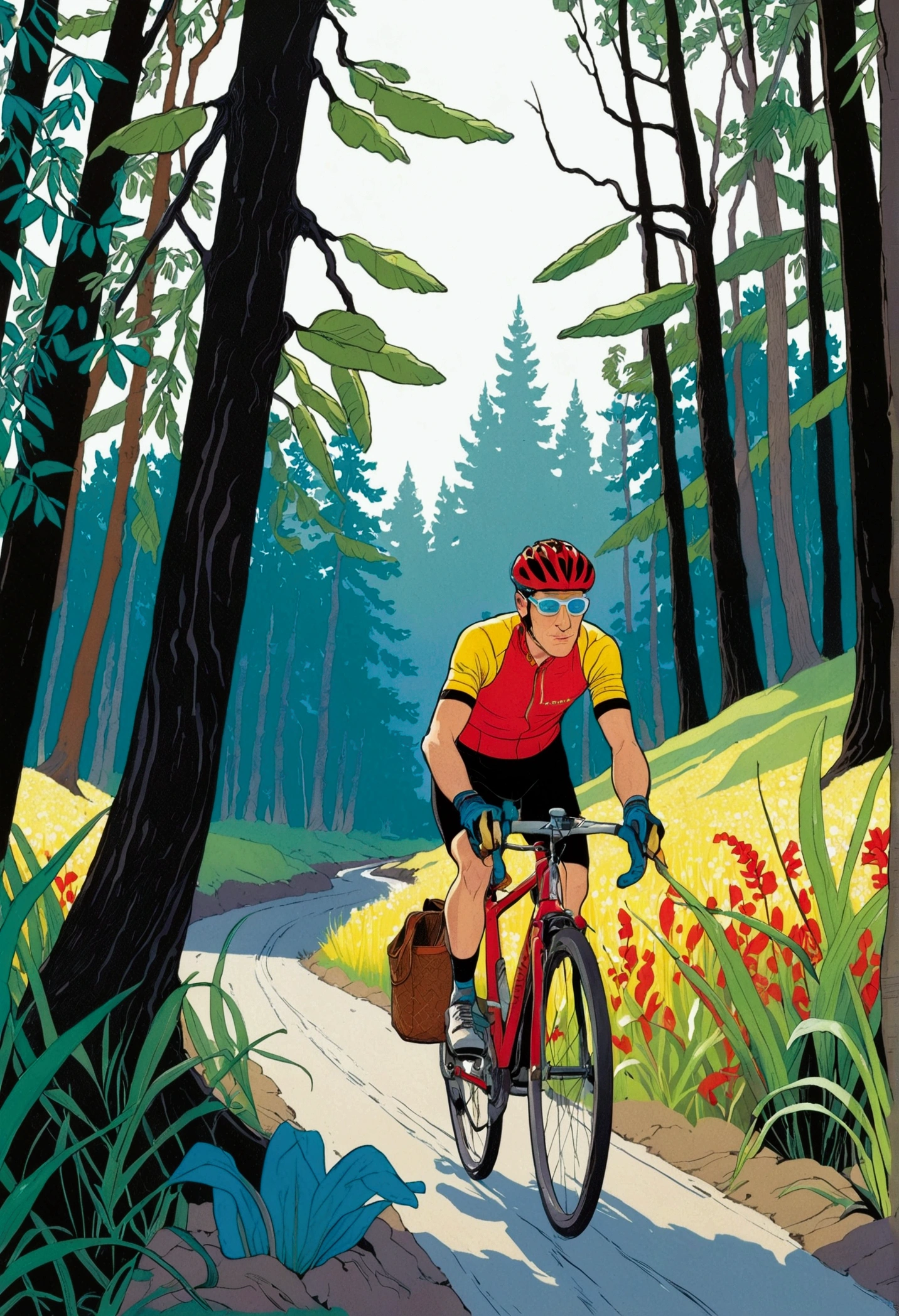 (shsw), ([negative space:0.8:1.5]), A blue-eyed bicyclist in yellow glasses, a red helmet with a visor, and Endura gloves, with right leg in a plaster cast, is riding a black-red bicycle equipped with Avid Elixir brakes and SRAM X0 shifters. A bike bag is attached to the bike rack. The cyclist is furiously pedaling through a pine forest, alongside a blue river on a sandy road. On one side of the road, low grass, ferns, and Lily of the valley grow, while on the other side, there is a picturesque marshland with reeds and larches，colorful cartoon-style illustration from an award winning animated movie, illustrated in bold outlines, showcasing its colors and shapes, The character is depicted adorned colorful energy against a white background, [mythical creature:0.8]