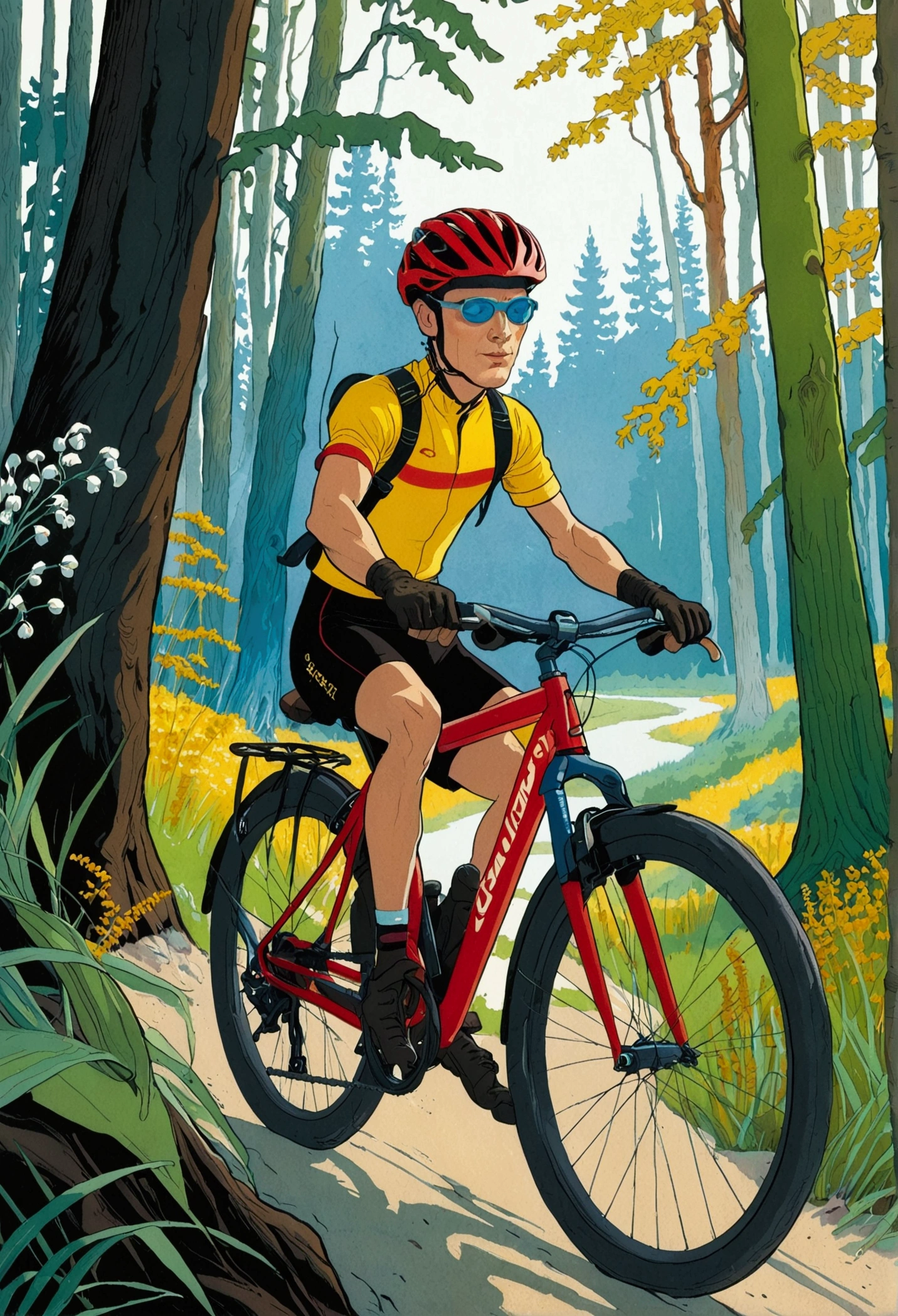 (shsw), ([negative space:0.8:1.5]), A blue-eyed bicyclist in yellow glasses, a red helmet with a visor, and Endura gloves, with right leg in a plaster cast, is riding a black-red bicycle equipped with Avid Elixir brakes and SRAM X0 shifters. A bike bag is attached to the bike rack. The cyclist is furiously pedaling through a pine forest, alongside a blue river on a sandy road. On one side of the road, low grass, ferns, and Lily of the valley grow, while on the other side, there is a picturesque marshland with reeds and larches，colorful cartoon-style illustration from an award winning animated movie, illustrated in bold outlines, showcasing its colors and shapes, The character is depicted adorned colorful energy against a white background, [mythical creature:0.8]