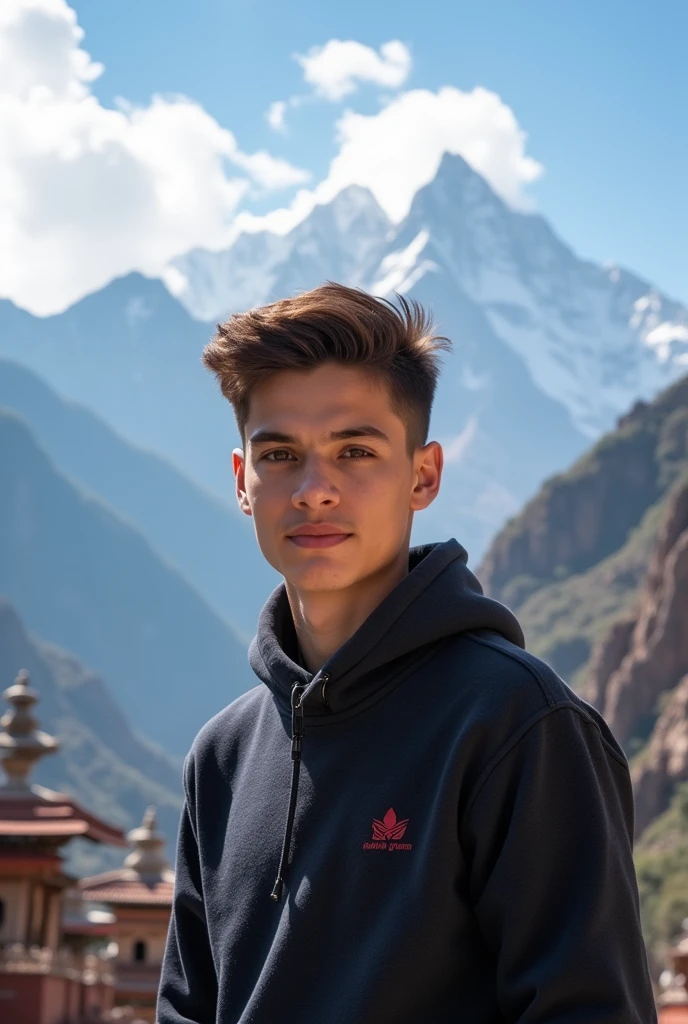 Thin, tall,  and handsome 18 years old boy white in colour 
 Black eyed , middle part styled brown hair
And Nepal's background.
