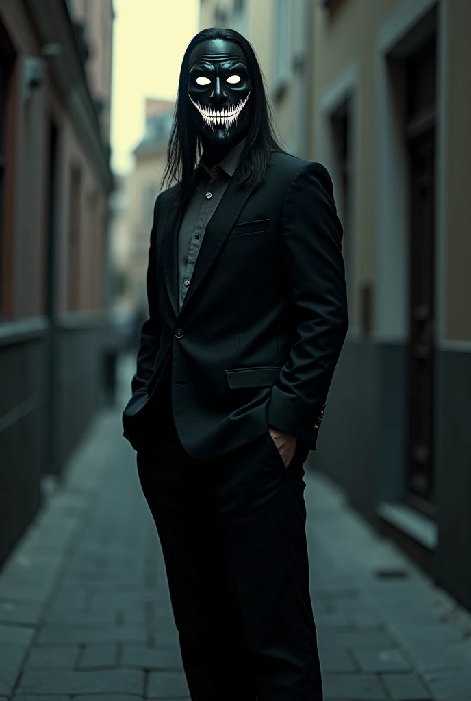 Tall man in an elegant black suit, with a black colored mask with a white demonic smile and white cyclone eyes, Long hair, with a demonic and smiling being on its back in the form of a static