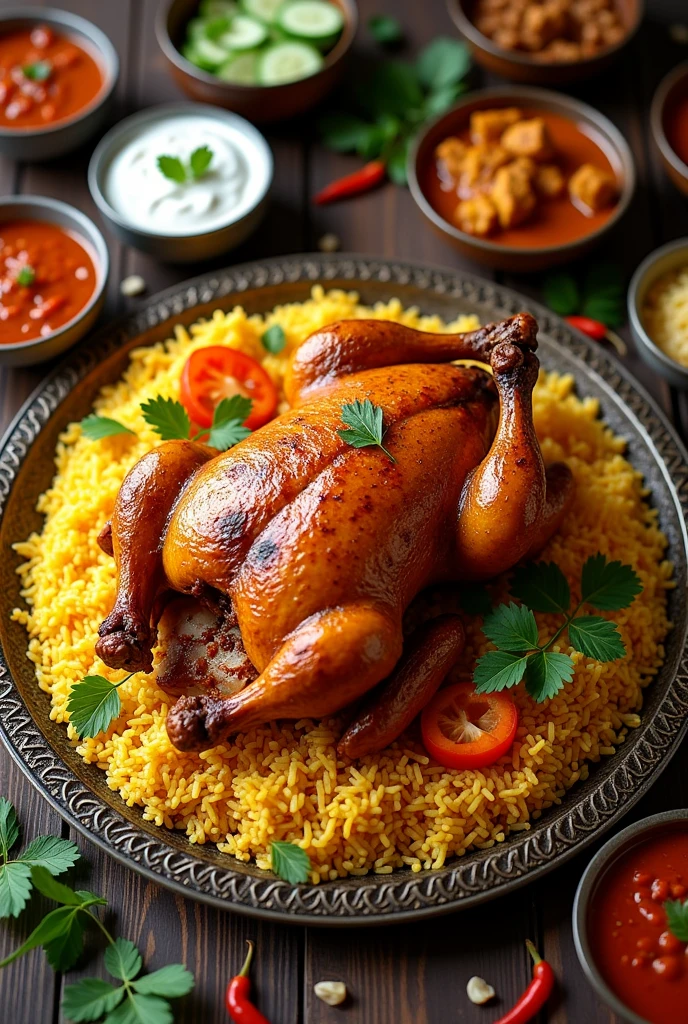No its a arab rice with a whole mandi chicken (not cut) and cucumber yogurt in a small bowl , and hot sauce for arab meal in small bowl , and kabsah curry in small bowl. All in one talam
Make the pocture like taken up from up
No others only what I listed above