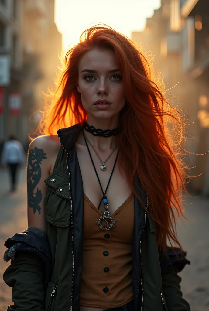 She also has hazel eyes. Hair is curly red. She is lit with the bright blue color on one side of her face. Led like. Taziota style. And both hands have the led light too.full-body woman with a sexy ass, long mesy red hair, in bohemian style clothing, eyes hazel, tattoos in arms,,full body, long legs,A beautiful European red hair woman in istanbul, smile face. Her hazel eyes are big and heavy. Expression of awe and excitement. "A photorealistic portrait of a 35-year-old girl with long, flowing red hair and striking hazel eyest. She should have a natural, approachable expression and be illuminated by soft, golden-hour sunlight. The background should be a scenic istanbul setting. Capture this image with a high-resolution photograph using an 10 mm lens for a flattering perspective."hyper realistic, ultra detailed photograph of a french Do-it-yourself woman, the woman is facing the camera depth of field, HOF, hall of fame, detailed gorgeous face, apocalyptic environment, natural fullbody posture, professional photographer, captured with professional DSLR camera,huge eyelashes, red dress, wearing jeans,A beautiful European red hair woman in istanbul, filled with smoke and distant fire. Her hazel eyes are big and heavy. She wears a winter jacket, partly burned. Expression of awe and excitement. "A photorealistic portrait of a 35-year-old girl with long, flowing red hair and striking hazel eyest. modern human presence in southeast Europe l, in the style of photorealistic portraiture