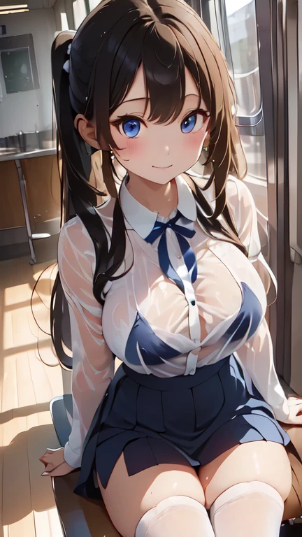 (Highest quality)), ((masterpiece)), (detailed),Natural light pouring in through the window, ((Full body shot 1.5)),Woman sitting with legs apart on train seat 1.7,(((There are many people around her..5))),のBeautiful woman,,A woman smiling with her mouth open,The look of temptation,Very sexy,(((Big Breasts,Wearing a fully white shirt with a collar.4,Big shirt,A navy blue ribbon around the neck,No bra,Wearing a very short navy blue mini skirt.8))),((Wearing white knee-high socks..2)),
Beautiful woman,Beautiful Face,Big eyes,Beautiful Eyes,Beautiful double eyelids,Beautiful teeth alignment,A beautiful body line with a small face and an 8-head body proportion,Slender body,beautiful and slender limbs,Long and supple hair,Shiny black hair,Twin tail hairstyle,Full body shot 1.4,Embarrassed expression,Blushing with a shy smile,mouth half open,((A woman sitting with her legs spread wide.7)),(((The white panty is very emphasized.,Wet and see-through clothes 1.5))),