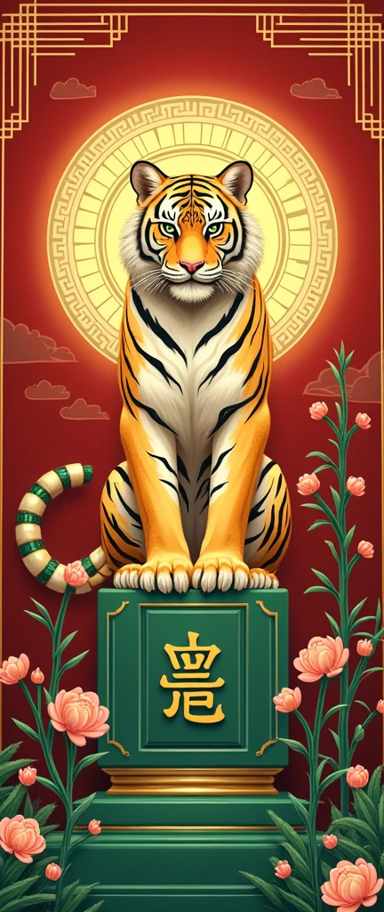 A majestic flat illustration capturing the essence of the Year of the Tiger, a celebratory emblem from the Chinese zodiac. The central figure is a fiercely elegant tiger, rendered in a minimalist yet intricate style that accentuates its power and grace. The tiger is adorned with gold and jade elements, symbolizing wealth, strength, and wisdom. Its fur is meticulously designed in a geometric pattern of gold hues, reflecting the richness of the metal, while its piercing eyes are made of vivid jade that seem to gaze directly into the soul of the beholder. Above the tiger's head, a gold-outlined halo of jade beads encircles it, casting a divine light upon the scene. The background is a harmonious blend of deep red and gold, representing prosperity and royalty, with delicate gold and jade floral motifs scattered throughout. The composition is balanced by a stylized depiction of bamboo and plum blossoms, traditional symbols of resilience and beauty, growing from the tiger's back. The tiger stands tall on a flat, gold-edged pedestal, which is inscribed with the Chinese character for "tiger" in a flowing calligraphic script. The entire scene is framed within a border of interlocking jade and gold waves, creating a sense of luxury and unity. This illustration is a modern interpretation of a holy scene, merging the spiritual with the aesthetic to create a visual representation that is both timeless and contemporary. The clean lines and saturated colors of the flat design allow the beauty of the materials to shine, making it a captivating and auspicious artwork suitable for the Year of the Tiger.