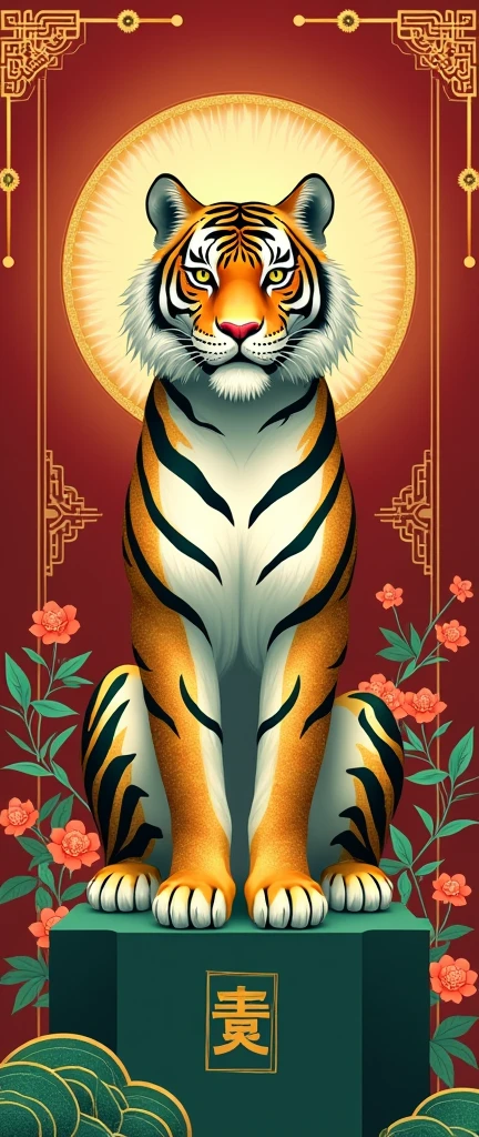 A majestic flat illustration capturing the essence of the Year of the Tiger, a celebratory emblem from the Chinese zodiac. The central figure is a fiercely elegant tiger, rendered in a minimalist yet intricate style that accentuates its power and grace. The tiger is adorned with gold and jade elements, symbolizing wealth, strength, and wisdom. Its fur is meticulously designed in a geometric pattern of gold hues, reflecting the richness of the metal, while its piercing eyes are made of vivid jade that seem to gaze directly into the soul of the beholder. Above the tiger's head, a gold-outlined halo of jade beads encircles it, casting a divine light upon the scene. The background is a harmonious blend of deep red and gold, representing prosperity and royalty, with delicate gold and jade floral motifs scattered throughout. The composition is balanced by a stylized depiction of bamboo and plum blossoms, traditional symbols of resilience and beauty, growing from the tiger's back. The tiger stands tall on a flat, gold-edged pedestal, which is inscribed with the Chinese character for "tiger" in a flowing calligraphic script. The entire scene is framed within a border of interlocking jade and gold waves, creating a sense of luxury and unity. This illustration is a modern interpretation of a holy scene, merging the spiritual with the aesthetic to create a visual representation that is both timeless and contemporary. The clean lines and saturated colors of the flat design allow the beauty of the materials to shine, making it a captivating and auspicious artwork suitable for the Year of the Tiger.