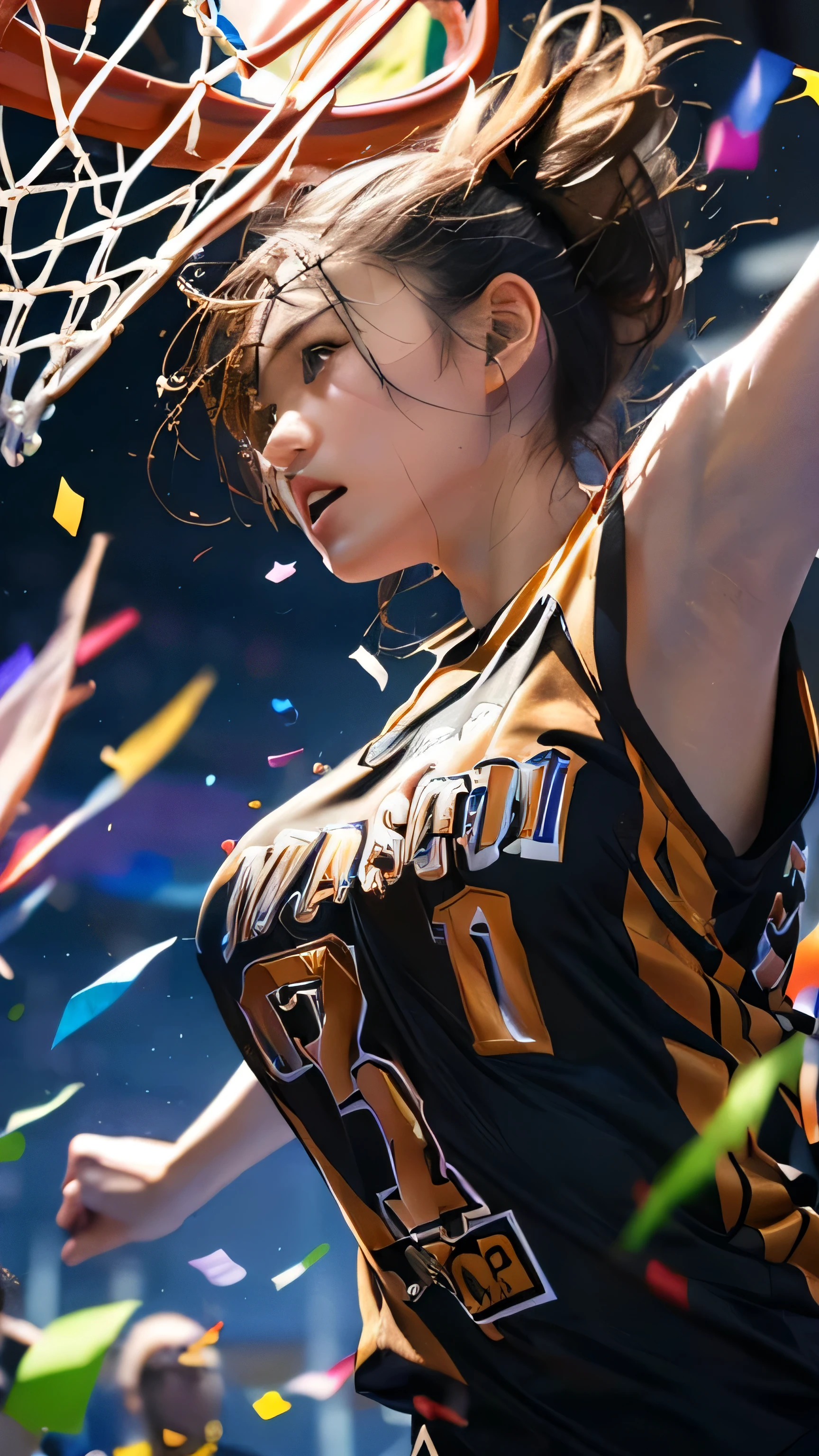 (masterpiece, Highest quality:1.2), 8k, Young and beautiful, (((RAW Photos:1.4))), Baby Face、Unbelievably absurd, Very detailed, delicate and dynamic, Natural light, The particles reflect the colors of the rainbow, Diffuse reflection of light, Vortex of Light, A lot of rainbow confetti falls, Basketball court, night, illumination, Create amazing image effects, Upper body close-up, (Only, Firm Bust, , Powerful, Game-winning dunk by a professional basketball player, Hollow, Floating in the air, Thin basketball uniform,) ,Side boo boo,