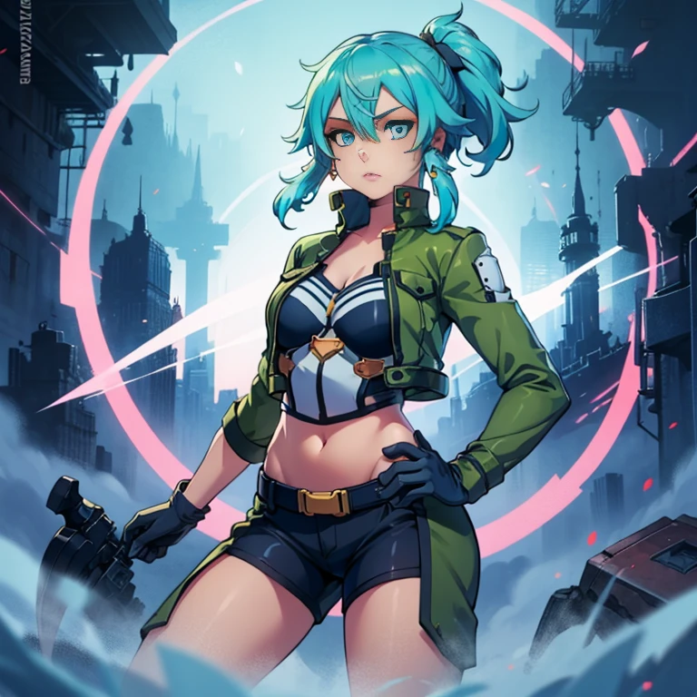 masterpiece, Highest quality, One girl, alone, 23 years old, Adult, Turquoise Hair, Messy Hair, Asymmetrical Hair, Ahoge, Very short hair, Aqua Eye, Medium chest, Toned Up, 167cm, Pale skin, Glasses, Grin, Olive green shirt, jeans, Abdominal Peek,