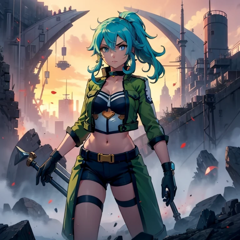 Sinon, masterpiece,, best quality, highres, 1girl, leona heidern, blue hair, gloves, blue eyes, ponytail, boots, shorts, green shorts, midriff, crop top, black gloves, breasts, military uniform, green jacket, combat boots, earrings, jewelry, navel, large breasts, --auto