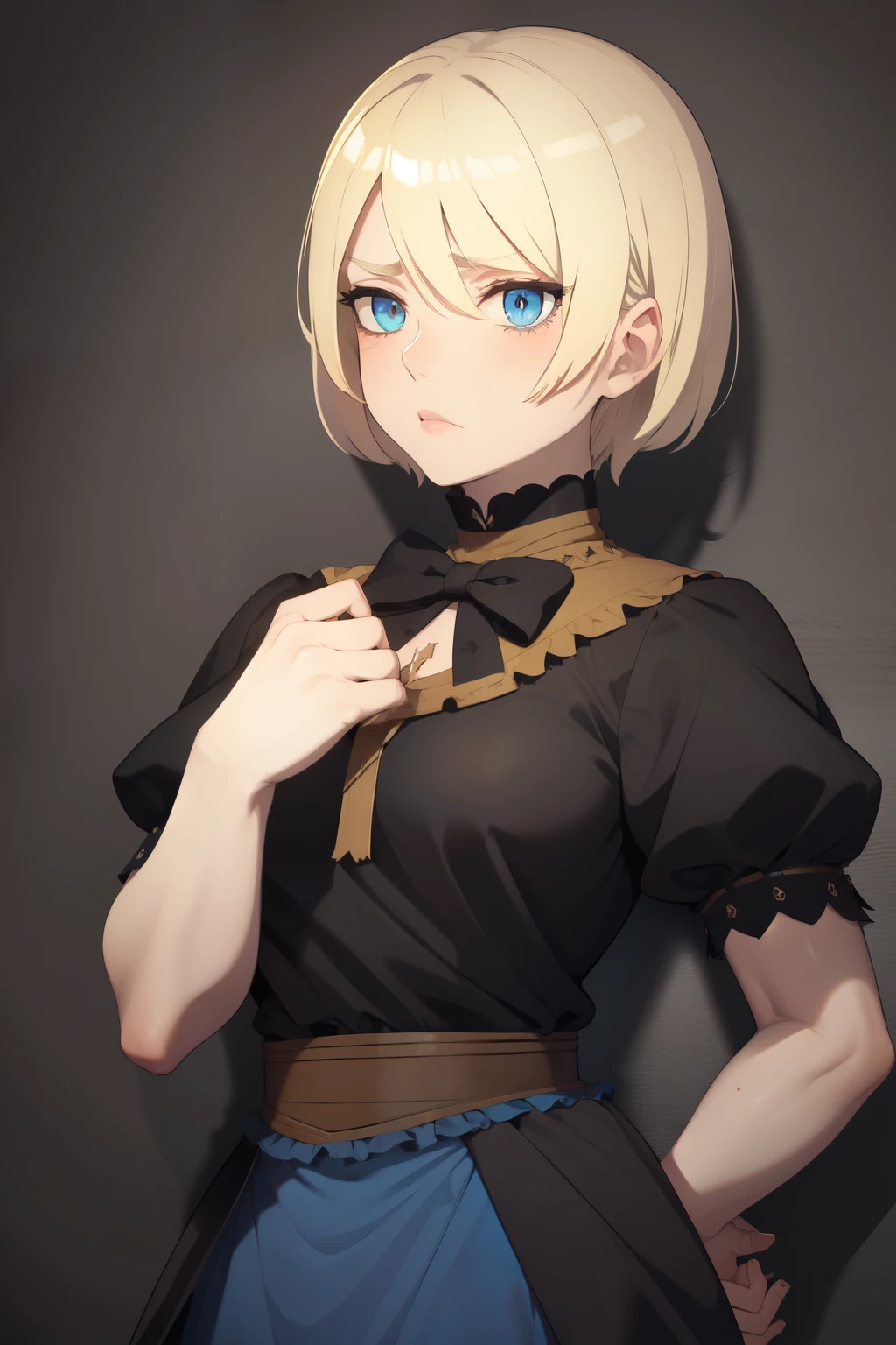 Dying from hunger, year 18, blonde hair, blue eyes, medieval, dark fantasy, exhausted, malnourished, dirty peasant skirt, hold bow, visible bone torso