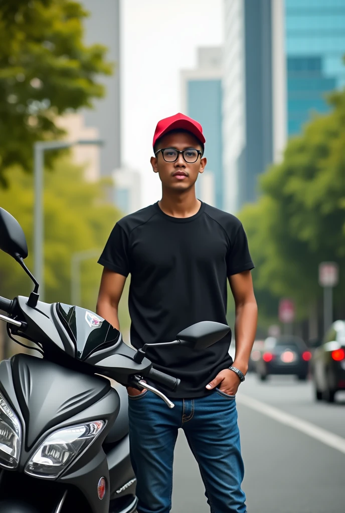 (photorealism:1.2), handsome young malay man wearing glasses, wearing red cap black tshirt and blue jeans, photo with a motorcycle beside road, in Kuala Lumpur Malaysia, detailed photo, high resolution photo, portrait photo, epic realism