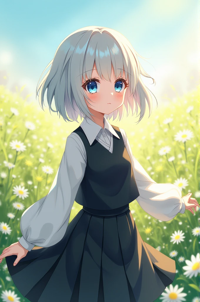 White-haired girl,Black jk,White Silk,Blue Eyes,Looking straight ahead,Skirt swaying in the wind,Wan'er smiled