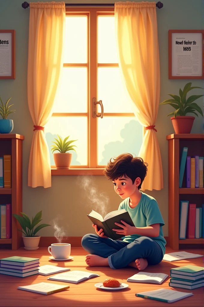 Here is a 4-panel comic story concept about the Al-Quran and As-Sunnah:
title: "Guidelines for a Muslim's Life"
Panel 1:
Picture: A child (Ahmad) sitting in the living room, holding the Quran in his hand, her face looks confused. Next to him there is a table with a glass of tea and a book about hadith..
Text: Ahmad thinks, "I know the Qur'an is guidance from Allah, but how to apply it in everyday life?"