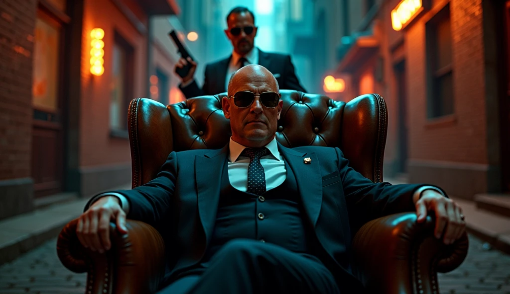 create a movie poster , a mafia boss sitting in center on boss chair ,gunman standing behind , action movie poster, hyper details 