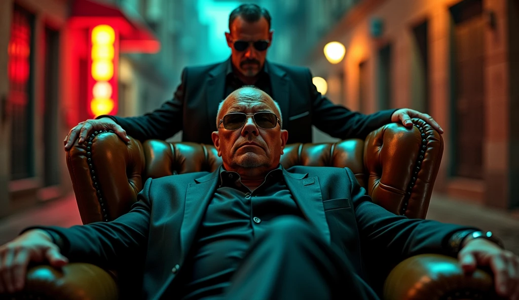 create a movie poster , a mafia boss sitting in center on boss chair ,gunman standing behind , action movie poster, hyper details