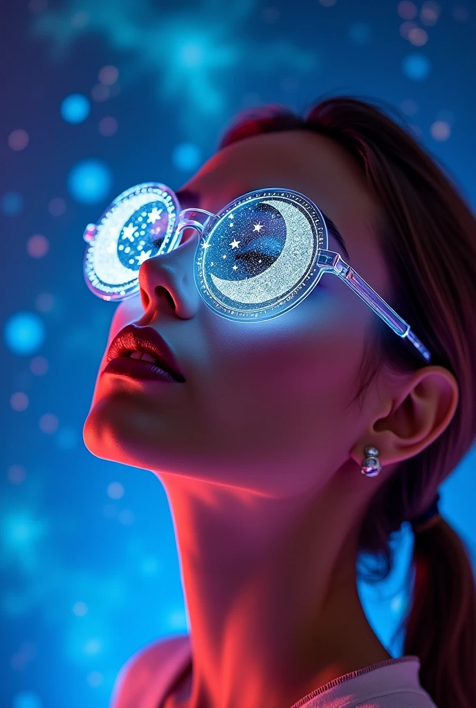 The model is wearing glass sunglasses with stars and the moon on the glass