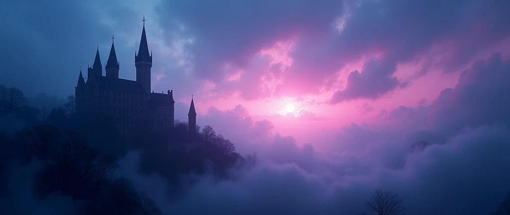 Day of death theme dark blue and purple and pink sky blurry and some castles blurry background dark tone mood