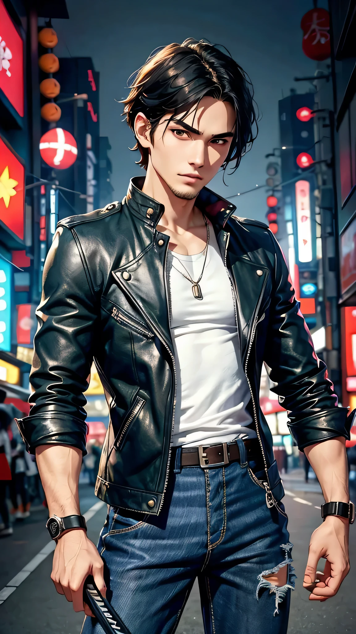 最high quality、Best image quality、masterpiece、male((18-year-old、slender、Stubble、Holding a sword、White shirt、Red eyes、Cool hairstyle、Black Hair、Fighting Pose、Black rider jacket、Blue denim trousers)）high quality、Beautiful art、background((Tokyo,Neon Town)),Tabletop、Exquisite design、Visual Arts、Written boundary depth、Best lighting、Highest detail、8ｋ