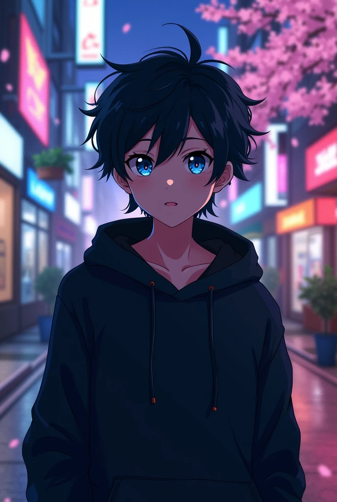 A anime boy with black hair and dark blue eyes wearing a black hoodie 

