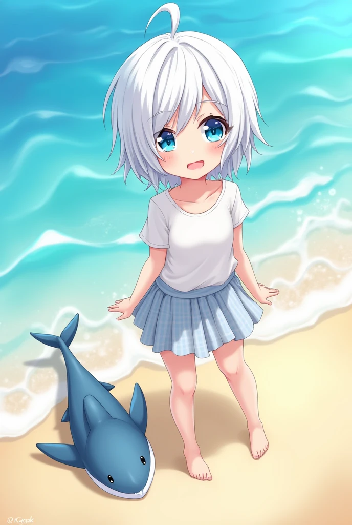 Anime girl with white short hair, cute, blue color tone, big breast, funny, shark, naked.