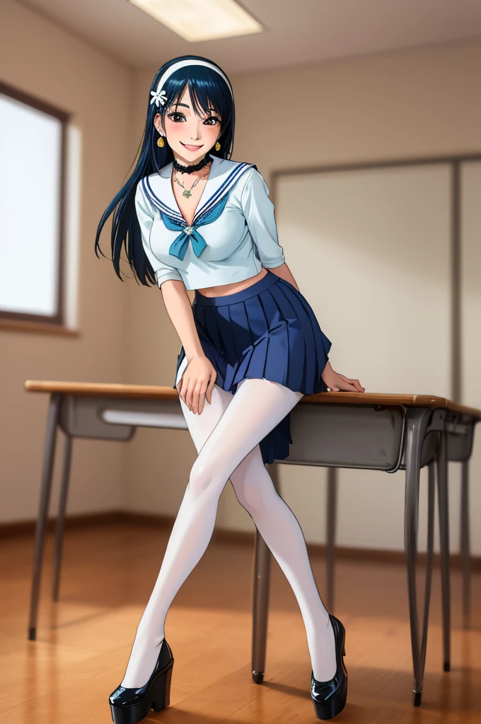 glamour photo of official art, a gorgeous girl, sitting on table, (view from below:1.2), school, classroom, (full body shot:1.2), (8k, RAW photo, best quality, depth of field, ultra high res:1.2), (absurdres, intricate, photorealistic, masterpiece, ultra-detailed:1.3, amazing scene lighting, Bright_Front_face_Lighting), shot at eye level, photography on a Fujifilm X-T4 with a 50mm lens, indoor, modelstyle photography setting,
(pale skin, detailed skin:1.3, Glossy skin + Shiny skin:1.1), hair ornament, exquisite earrings, necklace, lace trim choker, gigantic breasts, skinny body, fit body, slim, narrow waist, slim legs, long legs, pantyhose, oxfords platform heels,
Riko Amanai, blue hair, long straight hair, white hairband, school uniform, serafuku, blue pleaded skirt, (blush, evil smiling, perfect female anatomy, super beautiful, elegant, sexy, detailed beautiful face, nice figure, nice proportions, sexy stunning body), cleavage, thigh, short skirt, sexy