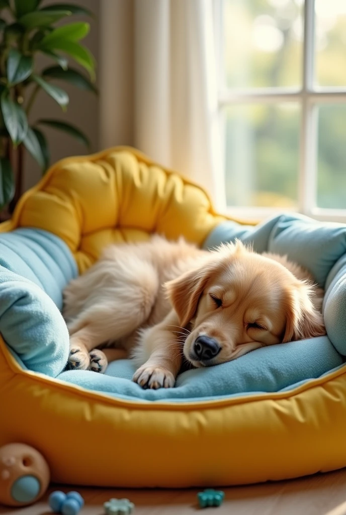 An advertisement image of a dog sleeping comfortably on a dog bed, with a yellow and blue color scheme. The brand name is Pretty Petty.