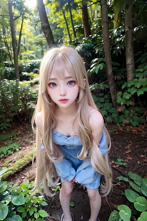 full body display、super long straight hair、blonde、Long, silky bangs that cover the eyes、large light blue eyes、 Very big eyes、Sexy and cute young woman、、Small Face Beauty、The background is in the forest