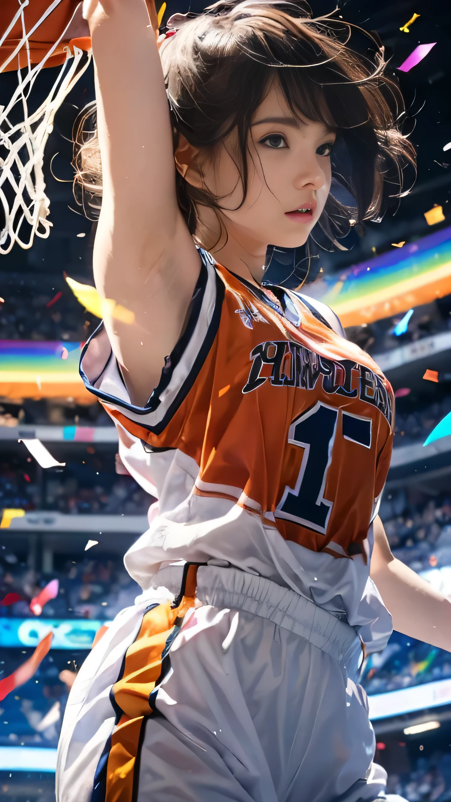 (masterpiece, Highest quality:1.2), 8k, Young and beautiful, (((RAW Photos:1.4))), Baby Face、Unbelievably absurd, Very detailed, delicate and dynamic, Natural light, The particles reflect the colors of the rainbow, Diffuse reflection of light, Vortex of Light, A lot of rainbow confetti falls, Basketball court, night, illumination, Create amazing image effects, Upper body close-up, (Only, Firm Bust, , Powerful, Game-winning dunk by a professional basketball player, Hollow, Floating in the air, Thin basketball uniform,) ,Side boo boo,