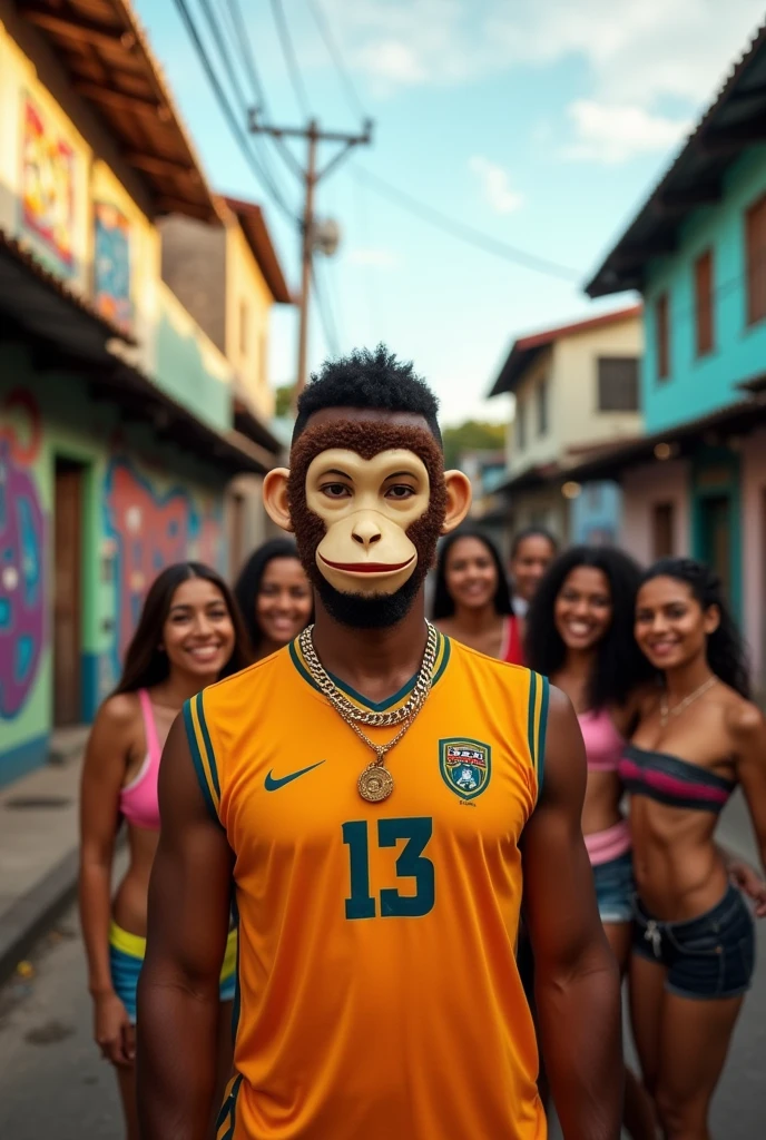 A man wearing a sports team jersey in the favela, sporting a monkey mask and a gold chain around his neck, with women beside him.