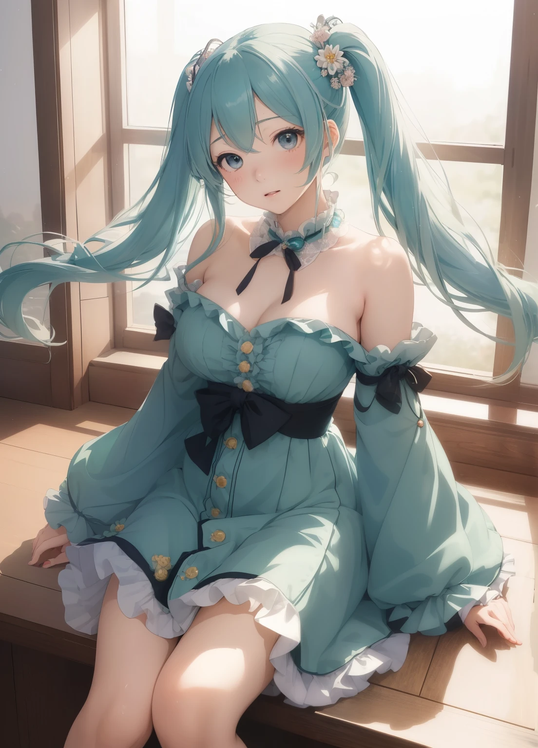 (masterpiece、Highest quality、Highest quality、Official Art、Beautiful and beautiful:1.2)、(One person:1.3)Hatsune Miku、Twin tails,Beautiful breasts, Katsushika Hokusai,very cute，Elegant long sleeve frill hemline dress、Contrast Trim Frog Button Dress for Spring and Autumn Women&#39;s Clothing