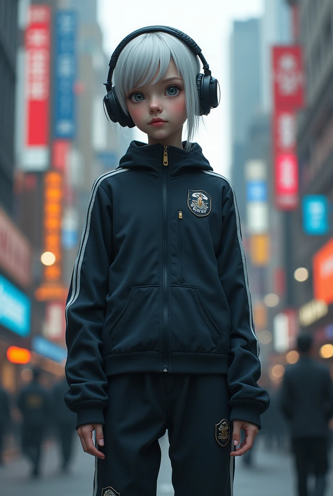 A tall, slender girl with clear grey eyes and a detached look on her face. She had strange, silver-white hair that was cut short and neatly parted to the side. She was dressed in a police-issued tracksuit and had no personal belongings with her. On her head, there was a pair of old-fashioned headphones. She was calmly listening to music.