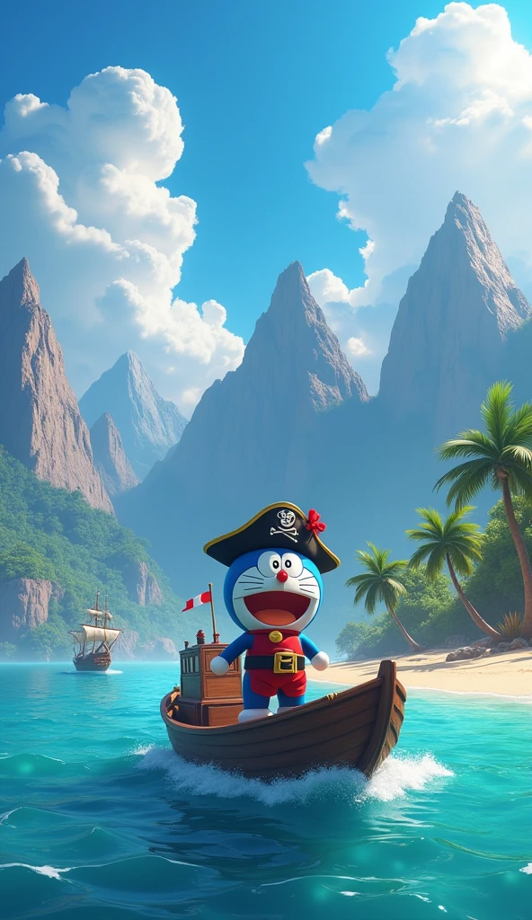 An image of Captain Doraemon wearing a pirate outfit on the sea . Doraemon is standing on a small boat, The beach is the sand, On the side is a small ship, Behind is a sharp 3d 4k mountain