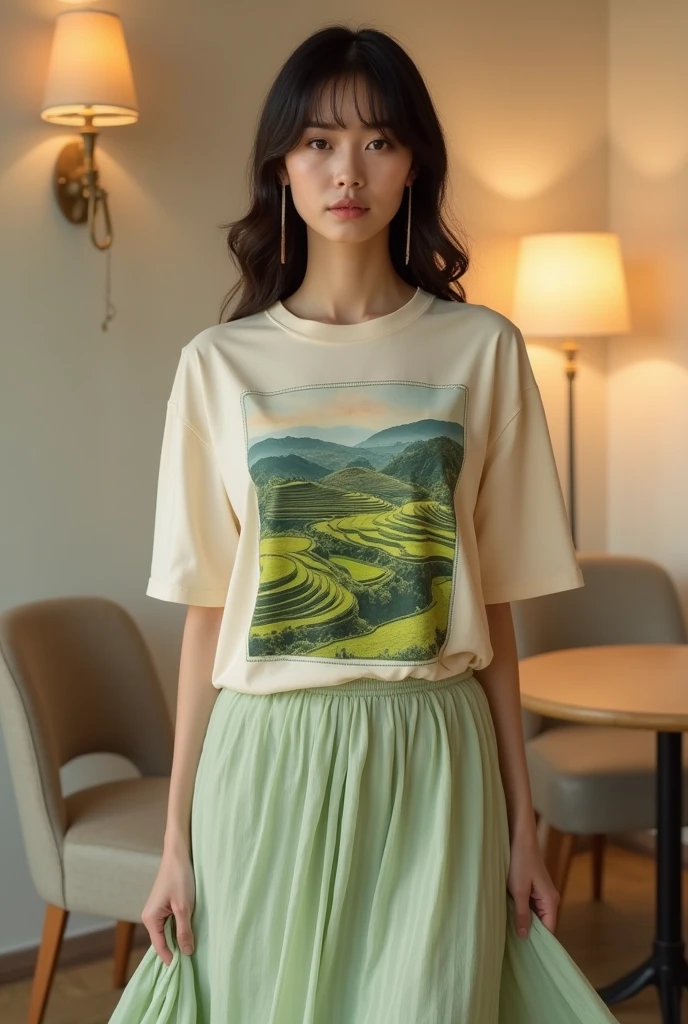 Image 8: Model wearing a light beige cotton T-shirt with a picture of terraced fields printed on the body. pale moss green skirt. Luxurious elegant style. Background with rice white walls, chairs, lamps