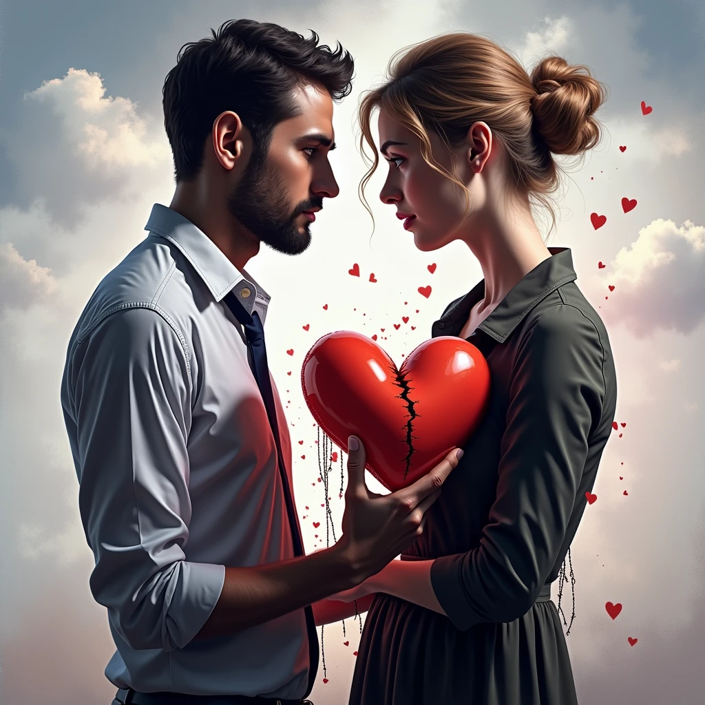 Create two images in one photo: From a man with his heart wounded by manipulation, and a woman with her heart shattered by deceit, both must demonstrate despair at their inability to free themselves from the manipulation with threads of each other.. No dark images. 