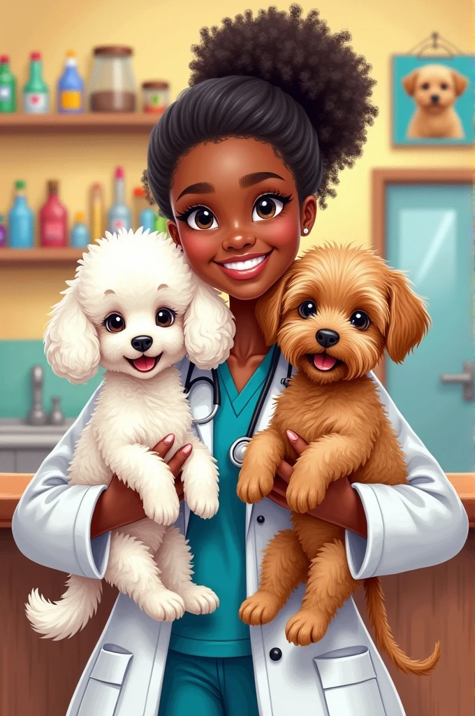To make an illustration of a light-skinned veterinarian, hugging two puppies, uma poodle branca e uma Yorkshire com o pelo ralo. crayon style.