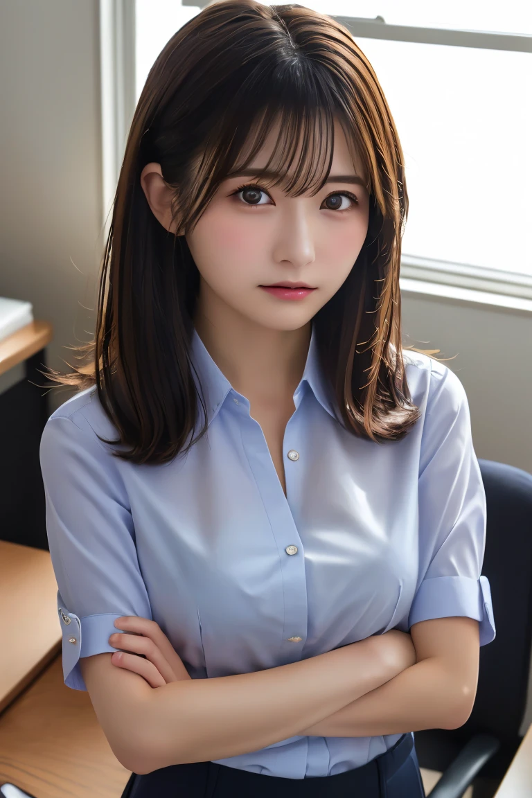 Highest quality, (beautiful)、beautiful女性、Precision Eyes、Brown Hair、Brown eyes、Looking into the camera、Soft Breasts、Medium Hair、Inward curl hair、Straight Hair、Upper Body、Cross your arms、Shoot from above、office、Glasses、Sad expression、Business shirts