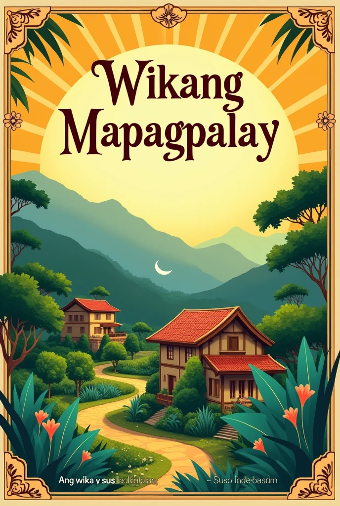 ### **Design Concept**
**1. Background:**
- **Color:** Warm gold or light yellow to create a sunlit and inviting backdrop.
- **Texture:** Consider a subtle texture or gradient to mimic the natural, rich feel of Amorsolo’s landscapes.
**2. Title:**
- **Text:** “Wikang Mapagpalaya”
- **Font:** Choose an elegant, serif or script font to reflect traditional Filipino artistry.
- **Color:** Deep brown or dark green for contrast against the warm background, ensuring readability.
**3. Imagery:**
- **Central Image:** Feature a central illustration or painting inspired by Amorsolo’s style, such as a scenic landscape or a traditional Filipino setting.
- **Supporting Elements:** Incorporate elements like lush greenery, traditional Filipino structures, or people engaged in cultural activities.
- **Colors:** Use rich greens, soft blues, and earthy browns to reflect Amorsolo’s palette and the natural beauty of the Philippines.
**4. Quotes or Text:**
- **Quote/Slogan:** Add a relevant quote like “Ang wika ay susi sa kalayaan” (Language is the key to freedom) or any inspirational text related to the theme.
- **Font:** Match the font style used for the title, but slightly smaller. Ensure it's easy to read.
**5. Additional Design Elements:**
- **Borders/Frames:** Consider a decorative border in a darker shade or a complementary color to frame the poster and add a finished look.
- **Patterns:** Use subtle traditional Filipino patterns or motifs to add depth and cultural context.
**6. Call to Action:**
- **Details:** If applicable, include information about related events, workshops, or educational programs.
- **Placement:** Position this information at the bottom or in a clear, accessible area.
### **Example Layout**
**Top Section:**
- Title: “Wikang Mapagpalaya” in large, prominent font.
**Center Section:**
- Main imagery inspired by Amorsolo’s work, such as a vibrant landscape or cultural scene.
**Bottom Section:**
- Inspirational quote or slogan.
- Call to action or addi
