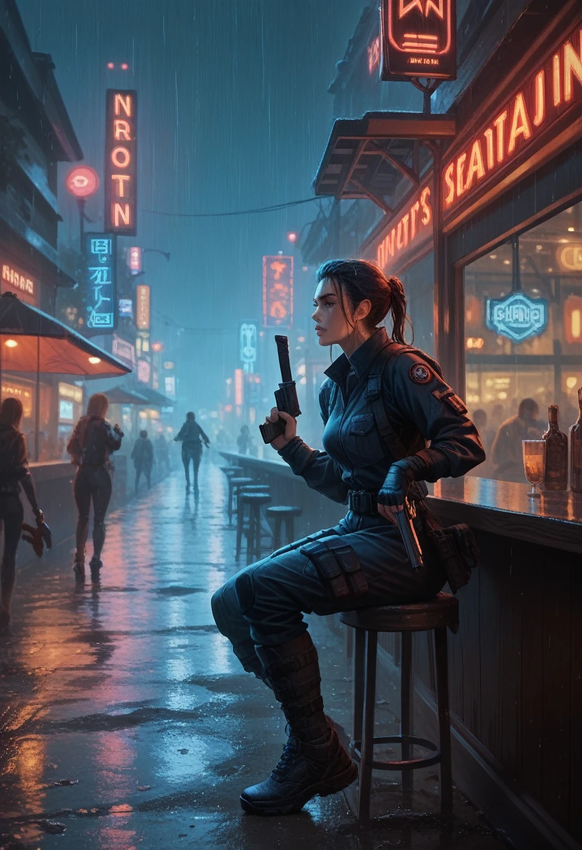 Female Elf. Unbelievably pretty, Shadowrun. Tactical clothing, katana and pistol. runner, big tits, sitting in a bar. neonlights, nighttime, city, rainy