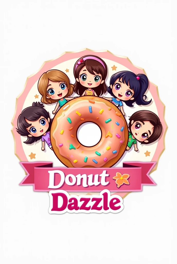 Simple aesthetic logo  ''DEAKS Donut Dazzle'' with donut design with 5 girl cute 