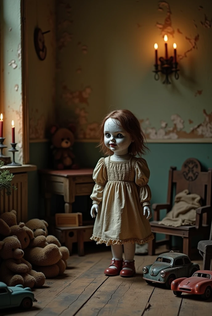 The horror doll, now animated, explores the room, looking at various objects with wonder. The room is full of simple, rustic furniture and toys, with Gudia wandering around."