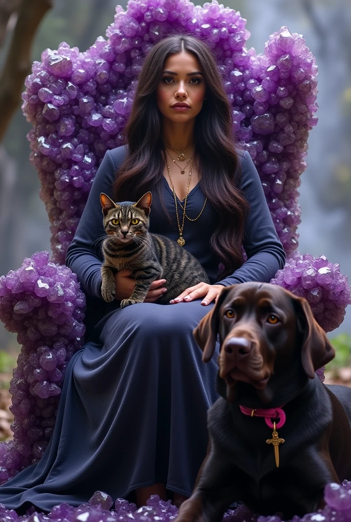 witch woman, white with a sturdy body. With long chocolate colored hair. Sitting on a throne made of amethyst stones. On the woman's lap there should be a black and yellow scaled cat with yellow eyes.. At the feet a large dark brown labrador dog wearing a pink collar