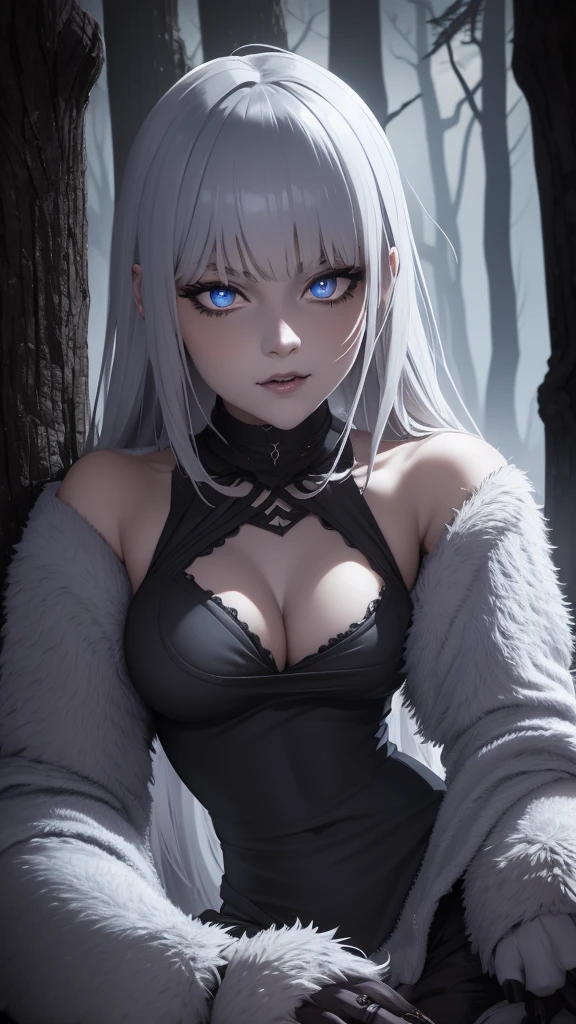 a beautiful werewolf girl with silver hair, bright blue pupils, sharp fangs, clawed hands, ripped clothing, dark forest background, moonlight shining, moody atmosphere, cinematic lighting, highly detailed, 8k, photorealistic, hyper detailed