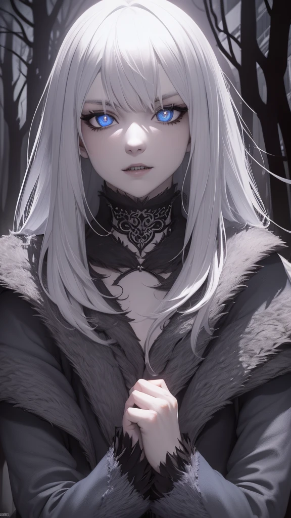 a beautiful werewolf girl with silver hair, bright blue pupils, sharp fangs, clawed hands, ripped clothing, dark forest background, moonlight shining, moody atmosphere, cinematic lighting, highly detailed, 8k, photorealistic, hyper detailed