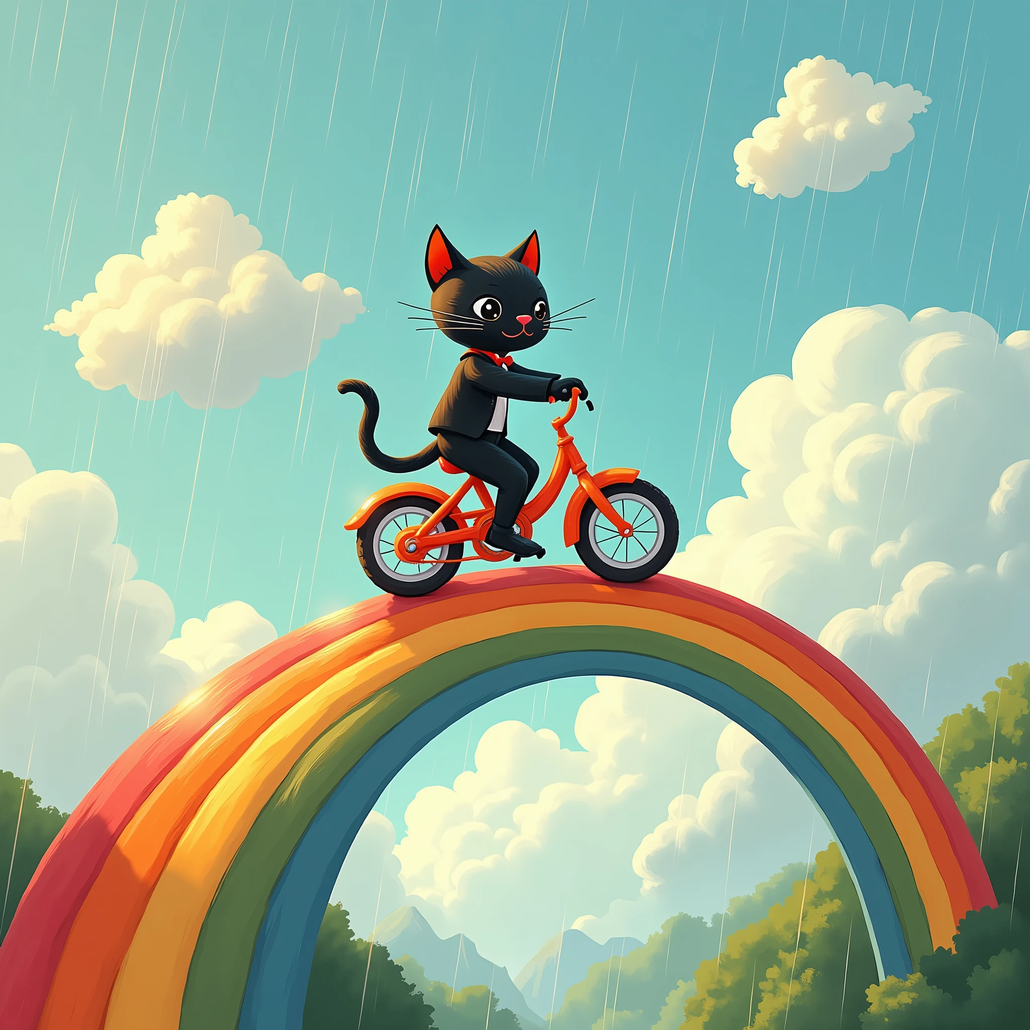 Fantasy animated illustration, running on bridge made of rainbow, cute black cat child in tuxedo riding bicycle on rainbow bridge in sky after rain, sunlight shining through clouds, aerial, children's book, pop colors