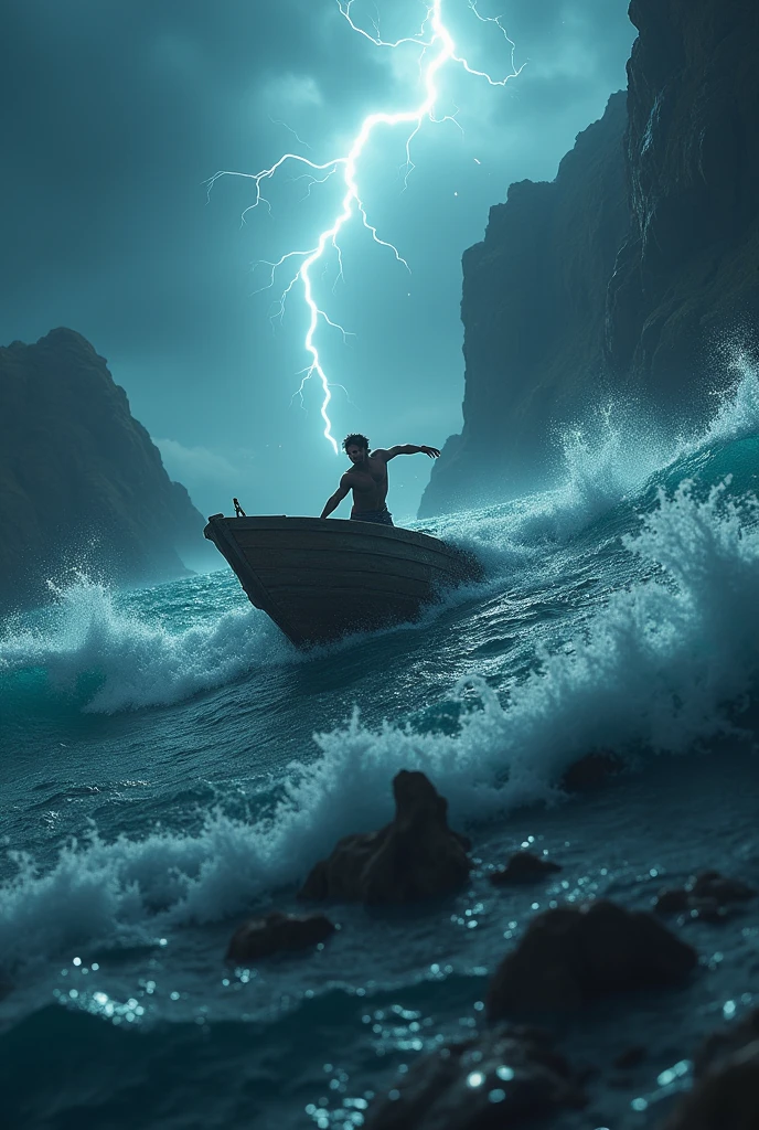 A man suddenly falls into an ancient sea from a boat and the boat sinks but the man try to survive by swimming and he found a wood piece and he climbed on the wood piece. The sea was very turbulent. The video will be 3d animated or fantasy and cinematic.