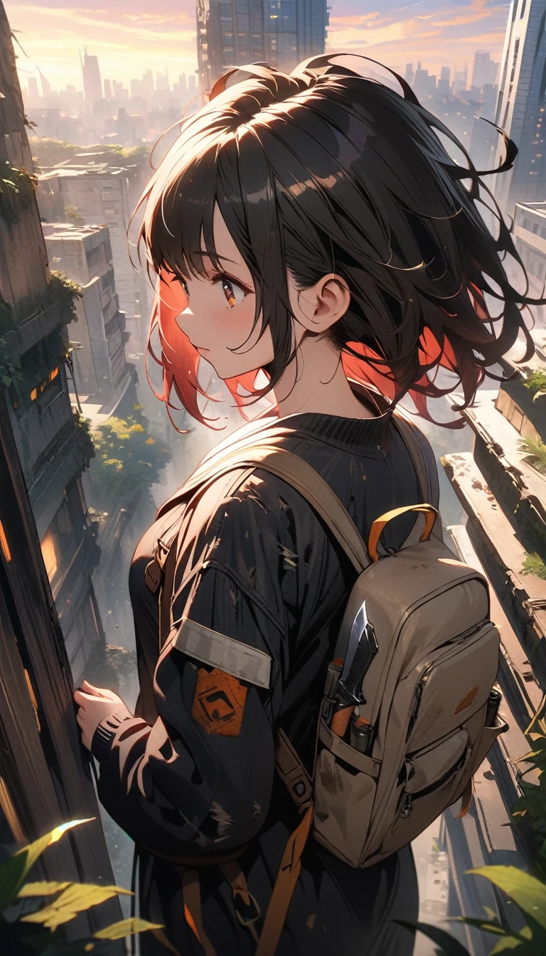 (girl looking down on city alone from top of tall building), (beautiful girl, beautiful profile, beautiful shining eyes, messy hair, dirty tattered clothes, knapsack, survival knife), devastated futuristic city, city eroded by vegetation, abandoned skyscrapers covered in vegetation, civilization and remnants of technology, post-apocalyptic world. Sunset sky, dynamic composition, 
((best quality: 1.2, very detailed, ultra-high resolution, absurdres: 1.3, highres: 1.3, masterpiece: 1.2, top quality, best aesthetic, fine texture, perfect lighting: 1.2, best shadow, sharp focus: 1.3, high contrast, high color saturation)), (anatomically correct, perfect hands: 1.2), (professional photography:1.2), cowboy shot, from above, cinematic lighting, anime style, 
