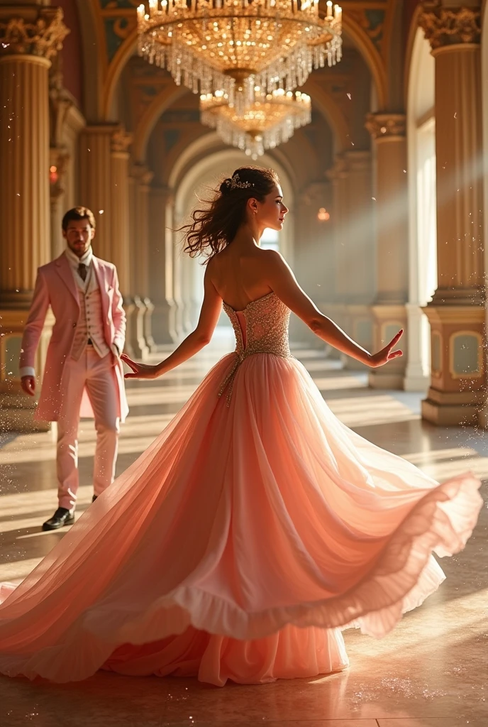 Beautiful world ((((((Fantasy novels))))) Pale pink feathers and stardust fall down Golden world The beautiful person dancing gorgeously in the beautiful and magnificent castle ((The beautiful prince watching it from afar)) (((Love story)))) His costume is a luxurious and beautiful dress from medieval Europe An incredibly handsome prince The Mirror Room, where the chandelier shines とても長くて美しいドレス