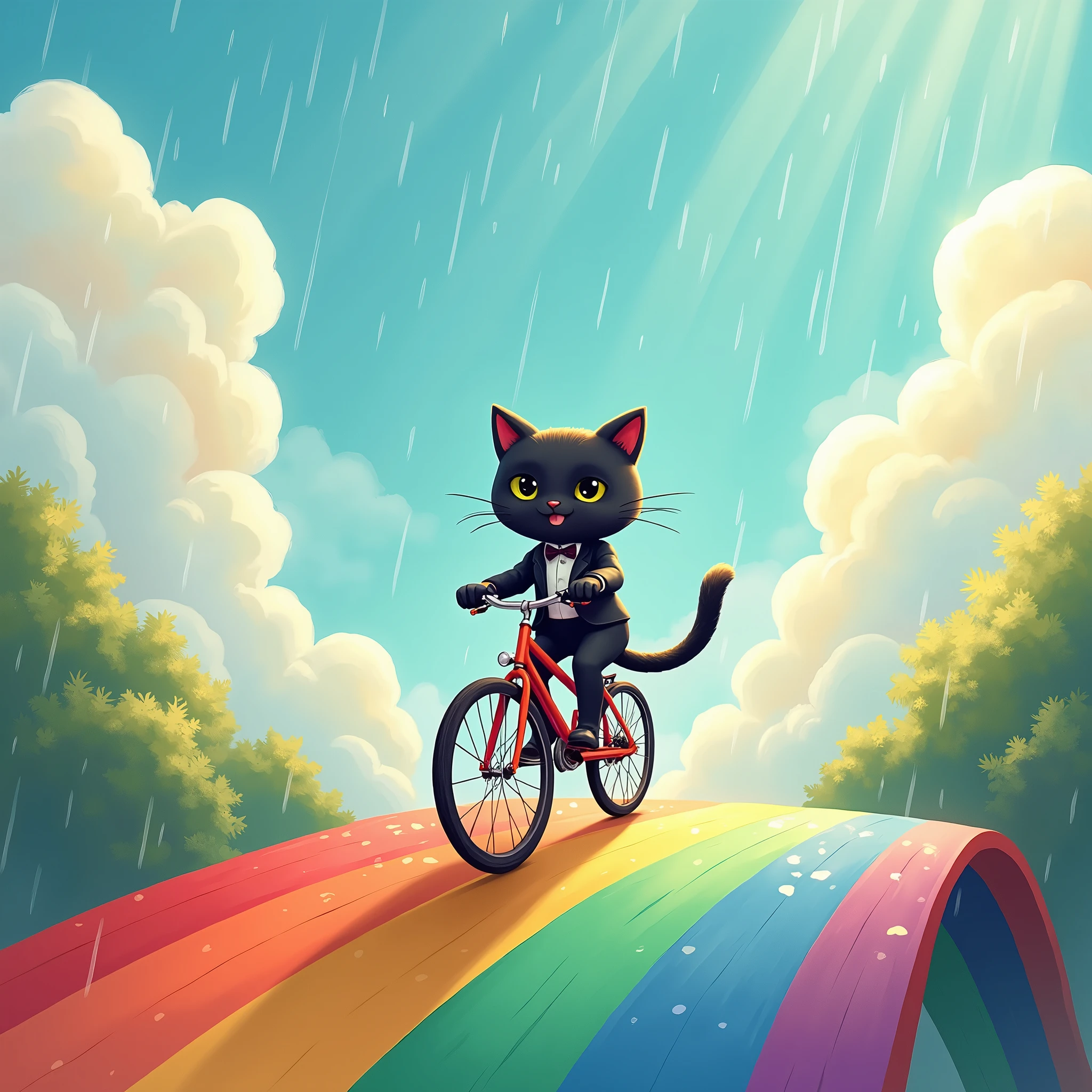 Fantasy animated illustration, running on bridge made of rainbow, cute black cat child in tuxedo riding bicycle on rainbow bridge in sky after rain, sunlight shining through clouds, aerial, children's book, pop colors