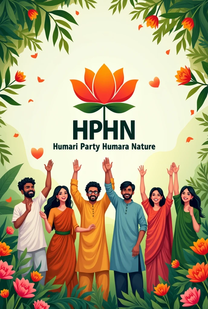 Generate Batches design of Political party name 'HPHN' with slogan on it 'Humari Party Humara Nature' with 'lotus' logo.